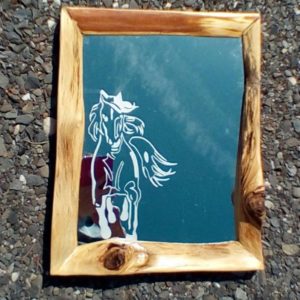 Jumping Horse Etched Mirror with Rustic Frame from Crossknots Custom Woodworking