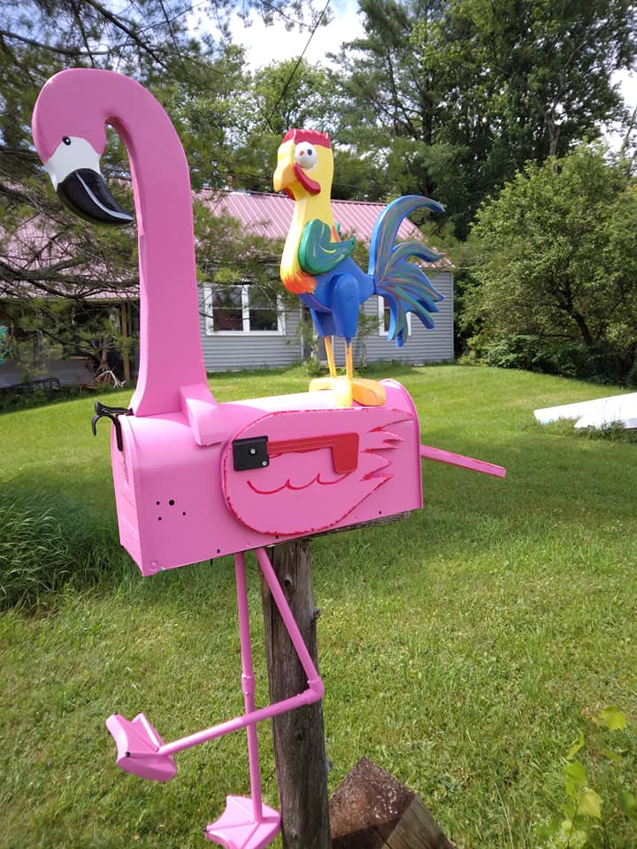 Pink flamingo and Hei Hei bird mailbox Crossknots Woodworking