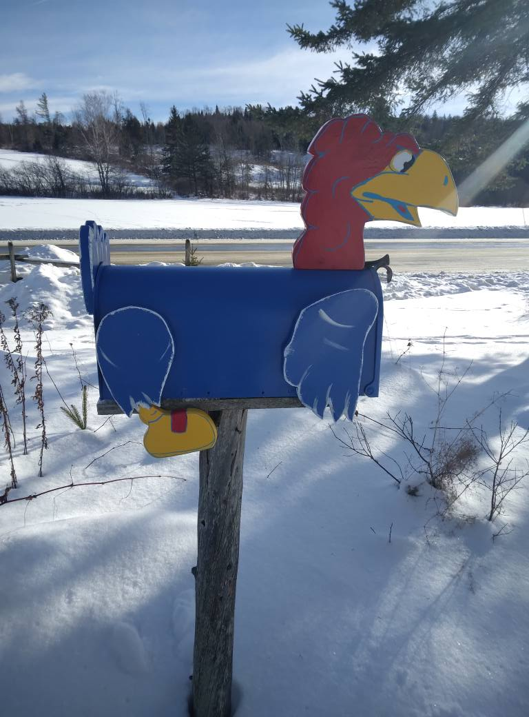 KU Jayhawk mailbox, bird mailbox, masscot mailbox - Crossknots Woodworking